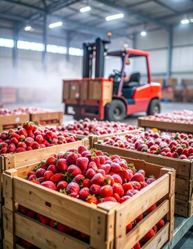 Abundant frozen strawberries in crates, ready for distribution within a bustling cold storage warehouse. Food logistics, preservation, and efficient industrial operations ensuring fresh produce