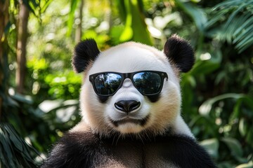Obraz premium Funny panda wearing sunglasses in tropical jungle