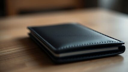 A sleek wallet lies on a wooden surface, highlighted by warm ambient lighting in a minimalist setting.