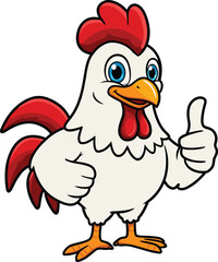 Cartoon rooster giving thumbs up, happy chicken character mascot, farm animal illustration, funny poultry bird design for food branding use