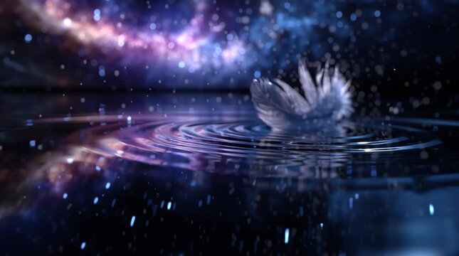 slow-motion video of a delicate white feather falling onto a perfectly reflective water surface showing a vivid galaxy sky, ripple effect spreading outward