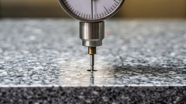 Precision measuring tool inspecting a surface, showcasing detailed engineering and quality control in a professional setting.