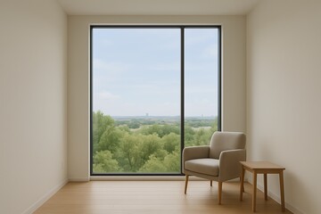 Fototapeta premium Cozy corner with a view of lush greenery in a modern room during daylight