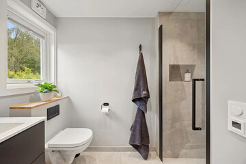 Modern bathroom interior in minimal scandinavian style, 3d render