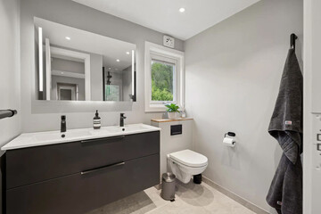 Modern bathroom interior in minimal scandinavian style, 3d render