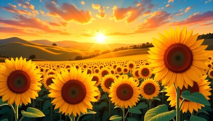 Fototapeta premium Sunflowers on sunset background