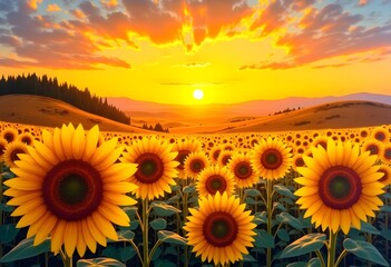 Fototapeta premium Sunflowers on sunset background