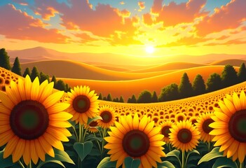 Fototapeta premium Sunflowers on sunset background