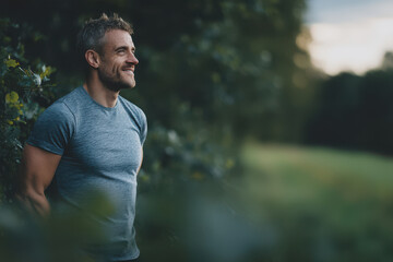 Fototapeta premium man laughing heartily outdoors after cardio workout radiating victory energy