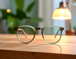 Stylish Green Eyeglasses on Wooden Table Modern Eye Care