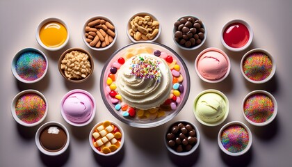 flat lay of an ice cream sundae bar with toppings like sprinkles syrups nuts and cherries in small bowls around a sundae glass