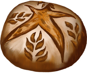 Rustic-style, hand-crafted country artisan sourdough bread. Perfect for bakery branding, farm-to-table visuals, and organic food designs...