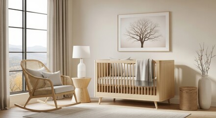 Photo of a cozy and modern nursery room features a wooden crib, rocking chair, and neutral decor, creating a comfortable and stylish space for baby