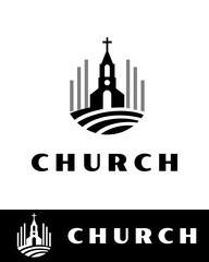 Minimalist church logo with steeple and cross, set against abstract field and bar elements in flat and minimalist style 