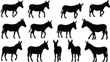 Set of realistic black donkey silhouettes in various poses and angles, perfect for farm, wildlife, and animal design projects