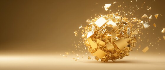 Dynamic explosion of shimmering golden fragments on a neutral background