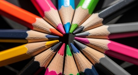 Circular arrangement of multicolored wooden pencils with sharp graphite tips forming perfect color wheel pattern on dark background