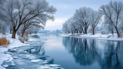 Frozen river flows through snowy landscape in winter