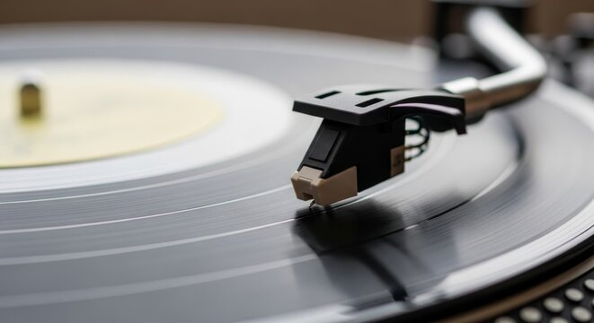 Close-up view of vintage turntable cartridge and stylus needle tracking on black vinyl record with tonearm in motion blur effect