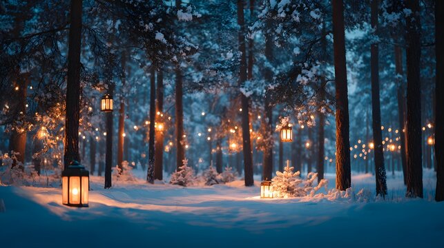 Snowy pine forest background during blue hour glowing lantern lights magical winter scenery perfect for holiday themes seasonal product promotions and cinematic storyboards
