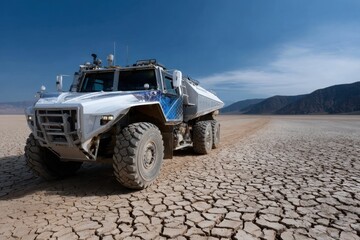 Fototapeta premium This powerful image features a rugged vehicle navigating a desolate, cracked desert landscape, symbolizing resilience and exploration in harsh conditions.