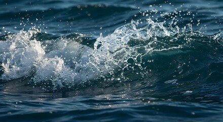 Fototapeta premium Dynamic ocean wave splash with crystal clear water droplets and transparent liquid motion captured in mid-air against deep blue sea surface