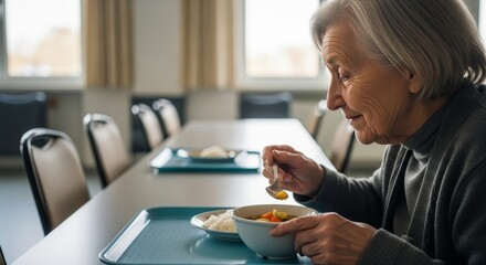 Elderly asian woman with gray hair eating nutritious vegetable soup from light blue bowl at dining table in bright kitchen with teal tray and rice bowl