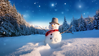 Obraz premium winter wonderland celebration cheerful snowman in a snowy landscape whimsical art festive atmosphere playful viewpoint