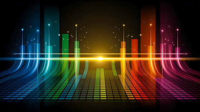 Abstract neon equalizer bars glowing with rainbow colors