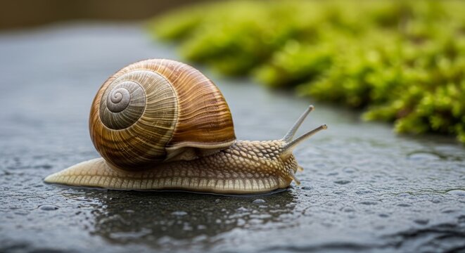 Garden snail with brown striped spiral shell crawling on wet stone pavement after rain with green moss background