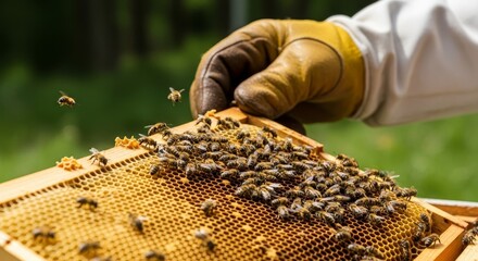Professional beekeeper in protective gloves examining honeycomb frame with active honey bees clustered on hexagonal wax cells during hive inspection