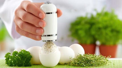 Gourmet cooking event chef seasoning eggs kitchen food preparation bright environment close-up culinary skills