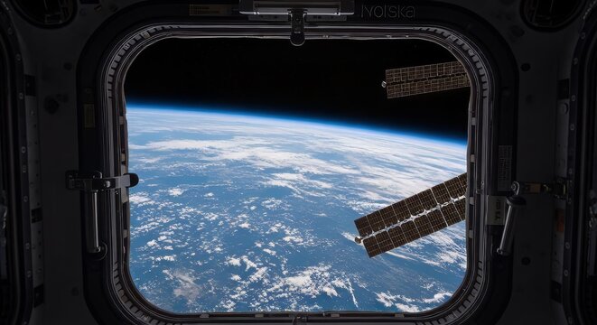 Stunning view of Earth from International Space Station window showing blue planet with white clouds and solar panel array extending into black space - Powered by Adobe