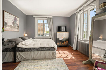 Modern luxury bedroom interior in minimal scandinavian style, 3d render