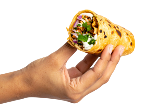  “Half-Eaten Spicy Kathi Roll in Hand with Mayo Spill, isolated on transparent background”.