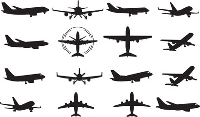 Flat flight icons airplane silhouette, departure & arrival signs