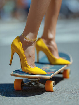 Close-up of a womans legs in bright yellow shoes on