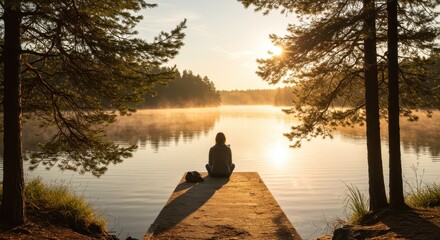 Tranquil sunrise lakeside scene