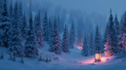 Snowy pine forest background during blue hour glowing lantern lights magical winter scenery perfect for holiday themes seasonal product promotions and cinematic storyboards