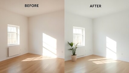 Minimalist room interior transformation shown in a side-by-side comparison with natural lighting and simple design.