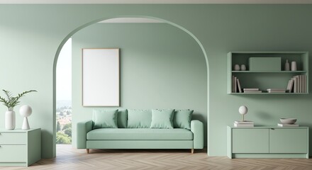 Modern Mint Green Living Room with Sofa and Shelves in Bright Natural Light