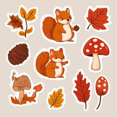 Obraz premium Cute squirrel with baby squirrel and autumn forest elements in a sticker set, perfect for printable kids decor, diy activities and seasonal paper crafts