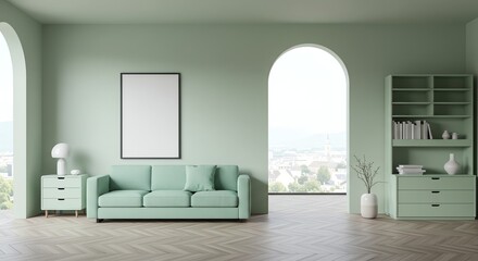 Modern Mint Green Living Room with Large Arched Window and Minimalist Decor