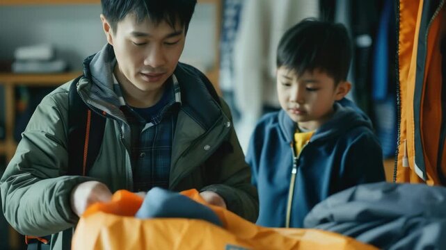 A father showing his son how to pack a tent for camping. They are surrounded by various camping equipment.