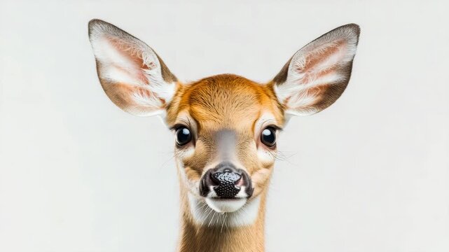 Cute baby deer looking directly at camera with big eyes and ears, realistic style, on plain white background, concept of innocence and wildlife charm