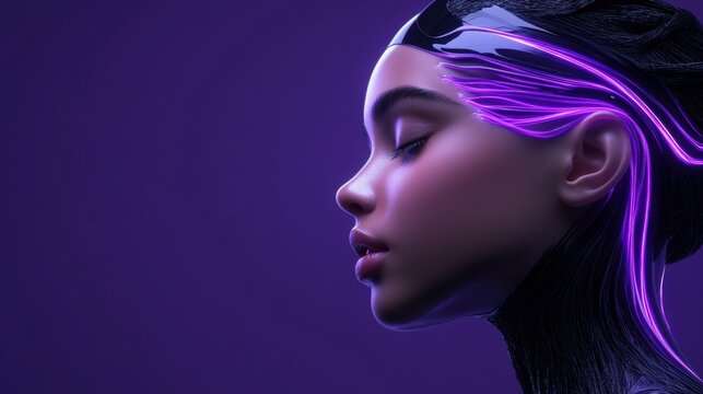 Futuristic cyberpunk female portrait with neon elements on purple background