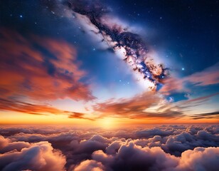 a breathtaking celestial sunrise showcasing vibrant swirling clouds above a sea of fluffy clouds bathed in the golden light of dawn and the twinkling stars of night