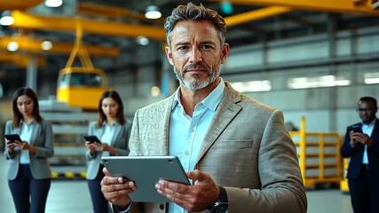 Modern Industry: Confident Manager with Tablet Overseeing Workers in Factory Setting - Powered by Adobe