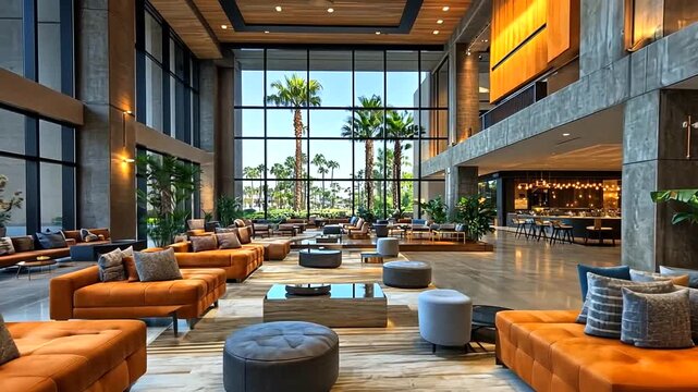 Modern Hotel Lobby with Stylish Seating and Palm Tree View Through Large Windows