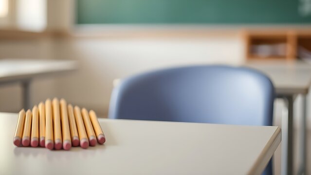 A classroom desk holds neatly arranged sharpened pencils, with soft focus on an empty chair nearby.